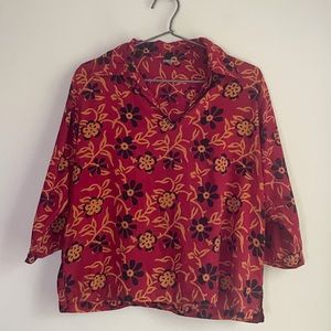 Vintage Floral 3/4 Sleeve Cotton Light Blouse Lightweight Red Size Medium